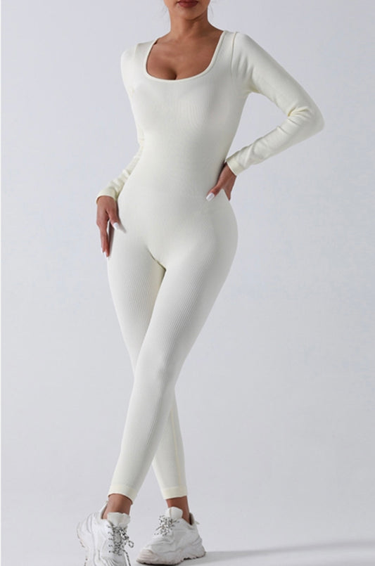 Seamless ribbed long sleeve jumpsuit