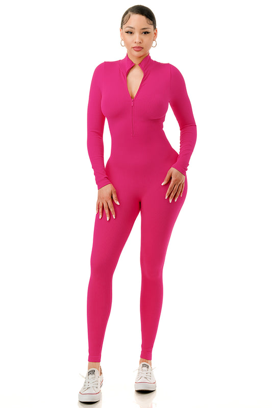 SEAMLESS RIBBED JUMPSUIT WITH ZIPPER FRONT